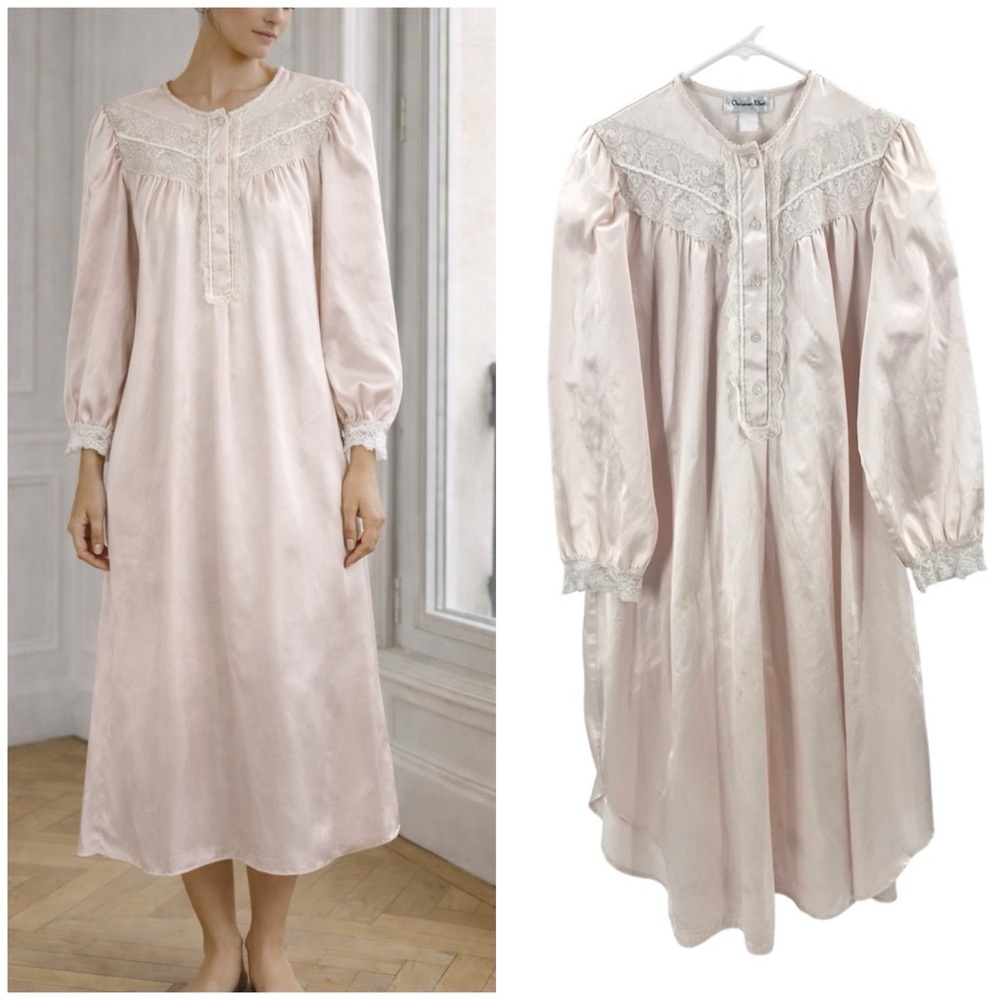 Vintage Christian Dior Nightgown Womens Large Satin Peach Pink Lace Cottagecore